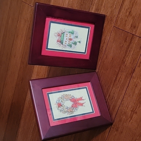 Vintage Christmas Cross Stitch In 5" X 7" Rosewood Frames (Set Of 2) - Picture 6 of 9